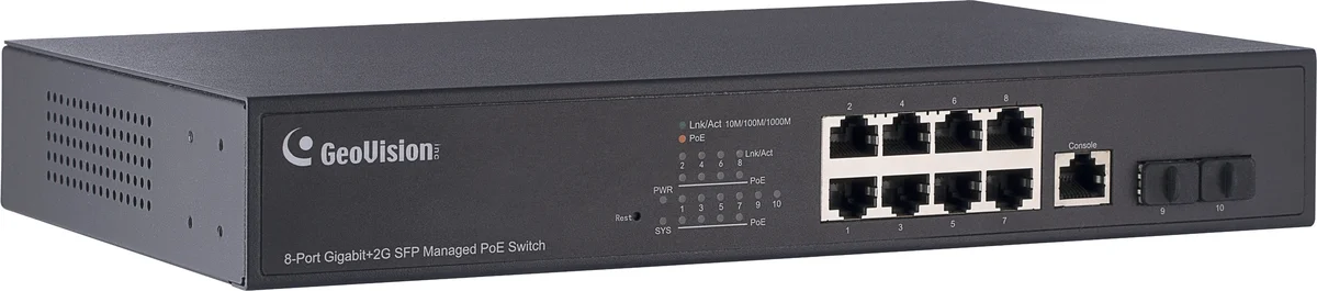 Geovision GV-APOE0811-V2 (140-APOE081-401U) 8-port 10/100/1000M PoE + 2 Gigabit uplink port managed PoE Switch, US