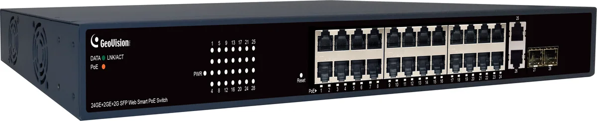 Geovision GV-APOE241C (140-APOE241-C01U) 24-port Gigabit 802.3at+ 2 RJ45 uplink port +2 SFP uplink port Easy Web Smart PoE Switch