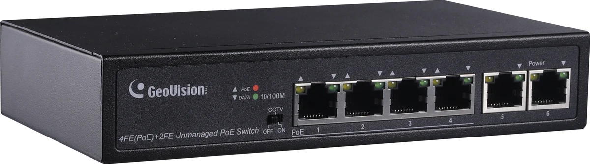 Geovision GV-APOE0400 (140-APOE0400-000) Long Distance,6-port 10/100 Mbps unmanaged PoE Switch with 4 PSE/POE ports and 2 uplink ports.