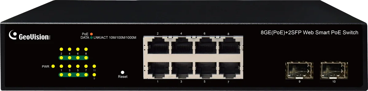 Geovision GV-APOE081C (140-APOE81C-001U) 8-port Gigabit 802.3at+ 2 Gigabit SFP uplink port,Easy Web Smart PoE Switch,US