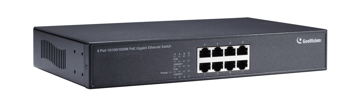 Geovision GV-POE0810 (140-POE0810-G08) 8-port 10/100/1000 Mbps unmanaged Base T(X)PoE Switch with 8 PSE/POE ports.