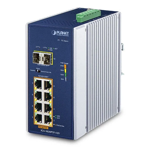 Planet IGS-1020PTF-12V IP30 Industrial 8-Port 10/100/1000T 802.3at PoE + 2-Port 100