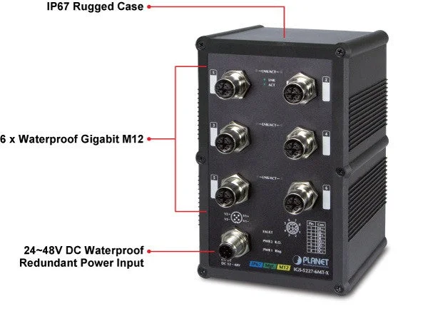 Planet IGS-5227-6MT-X Industrial IP67-rated 6-Port Gigabit M12 Managed Ethernet Switch
