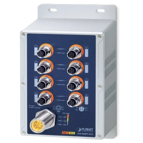 Planet ISW-808PT-M12 IP67-rated Industrial 8-Port 10/100TX M12 802.3at PoE+ Switch