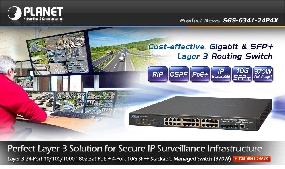 Planet SGS-6341-24P4X Layer 3 24-Port 10/100/1000T 802.3at PoE + 4-Port 10G SFP+ Stackable Managed Switch