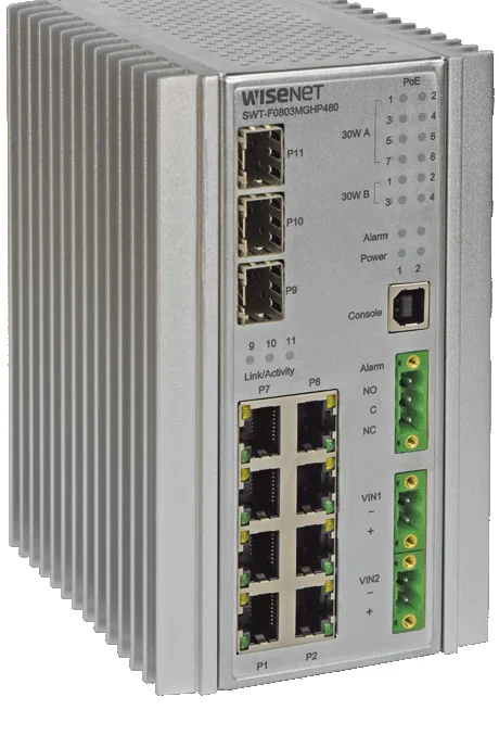 Hanwha SWT-F11MGHP 11 Port Hardened Managed Megabit Ethernet Switch with 60W PoE