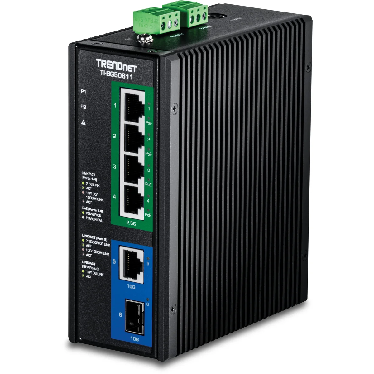 TRENDnet TI-BG50611 6-Port Industrial 2.5G PoE++ DIN-Rail Switch with 10G Ports