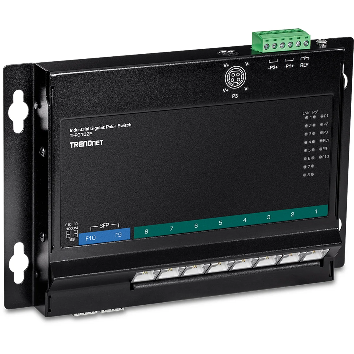 TRENDnet TI-PG102F 10-Port Industrial Gigabit PoE+ Wall-Mount Front Access Switch