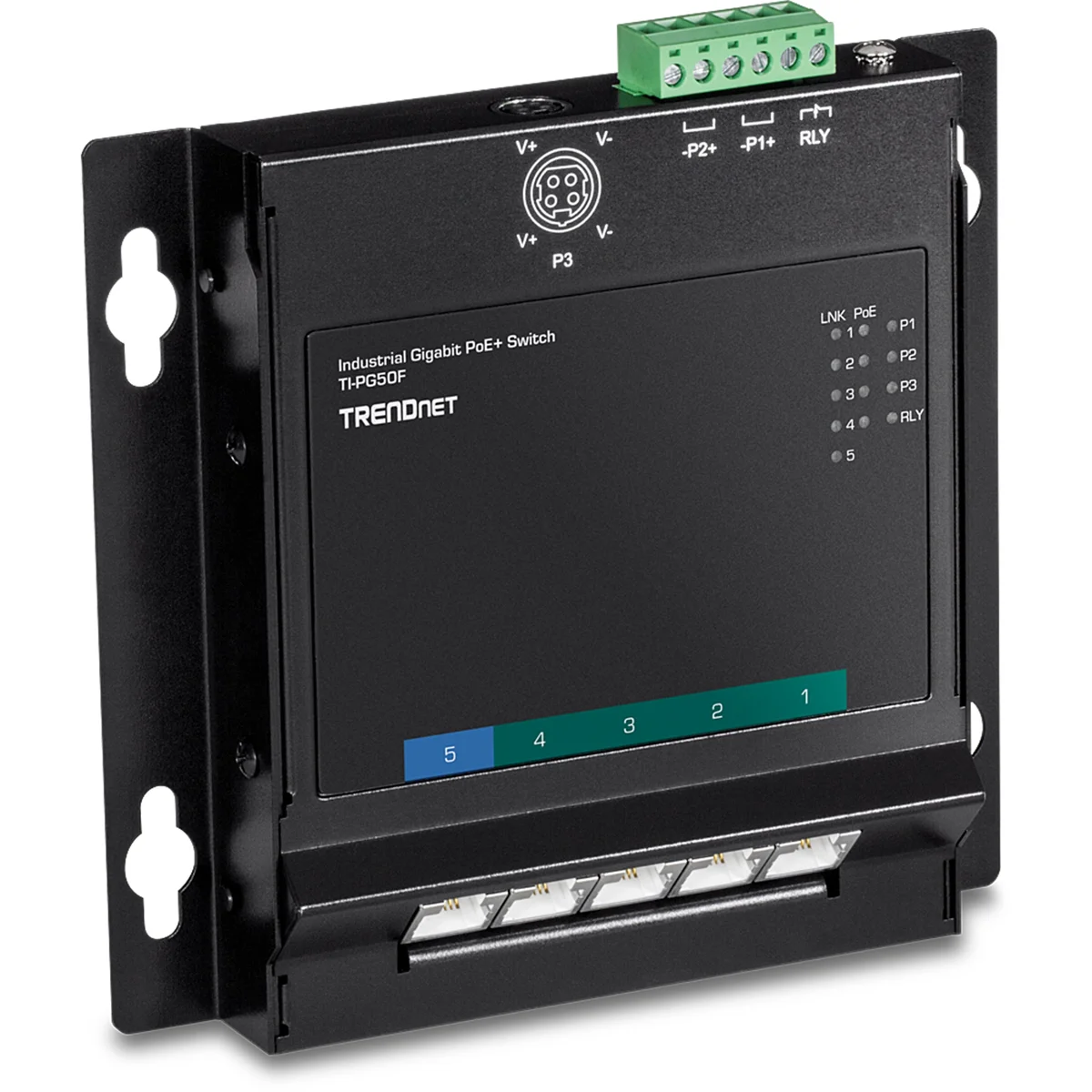 TRENDnet TI-PG50F 5-Port Industrial Gigabit PoE+ Wall-Mounted Front Access Switch
