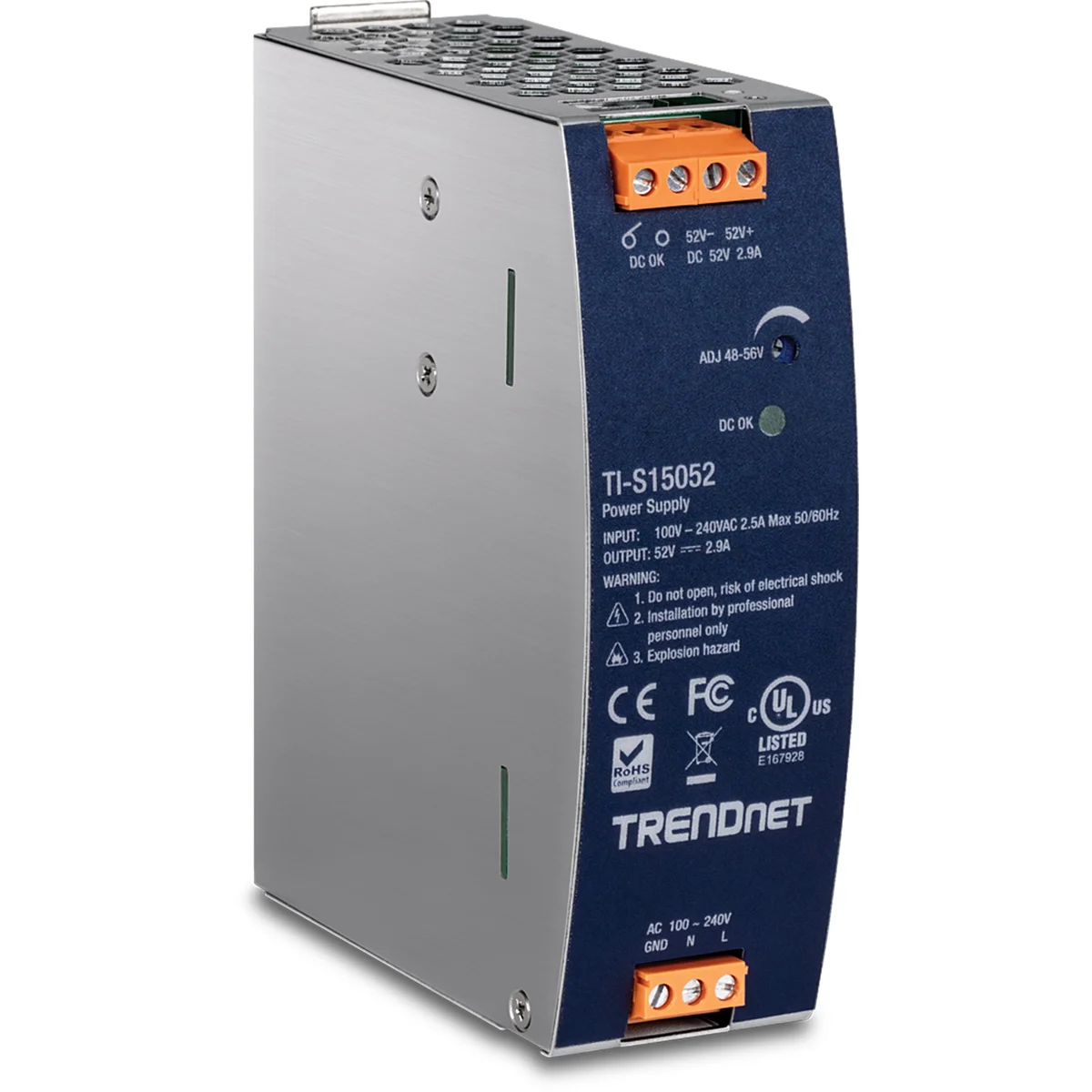 TRENDnet TI-S15052 150W, 52V DC, 2.89A AC to DC DIN-Rail Power Supply with PFC Function