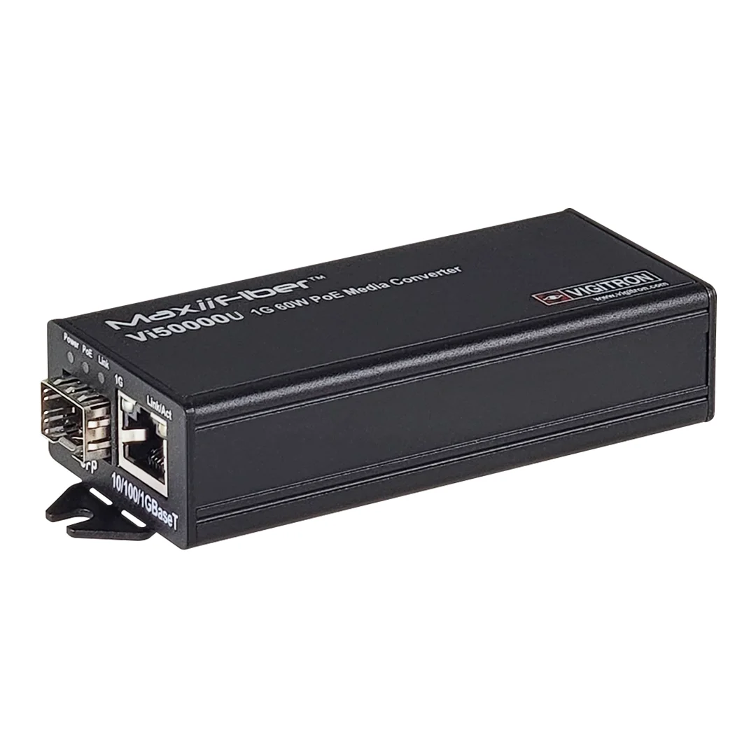 Vigitron Vi50000U  1-Port MaxiiFiber™ 100/1G Ethernet Media Converter, af/at/bt 60W PSE, Requires 48-57VDC ps or 12VDC w/o PoE