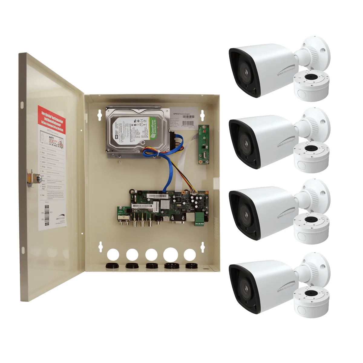 Speco Technologies ZIPTW4B1 4CH HD-TVI WALL MT DVR, 1080p, 60fps, 1TB w/ 4 Outdoor IR Bullet Cameras 2.8mm lens, White