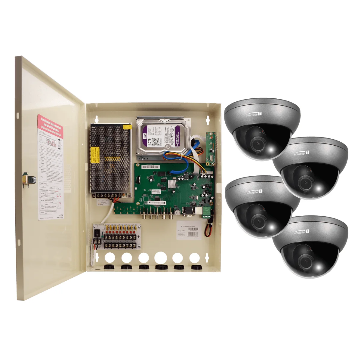 Speco Technologies ZIPTWP471 4CH HD-TVI Wall MT DVR w/ PS, 1080p, 60fps, 1TB w/ 4 Outdoor INT Dome Cameras 2.8-12mm lens, Grey
